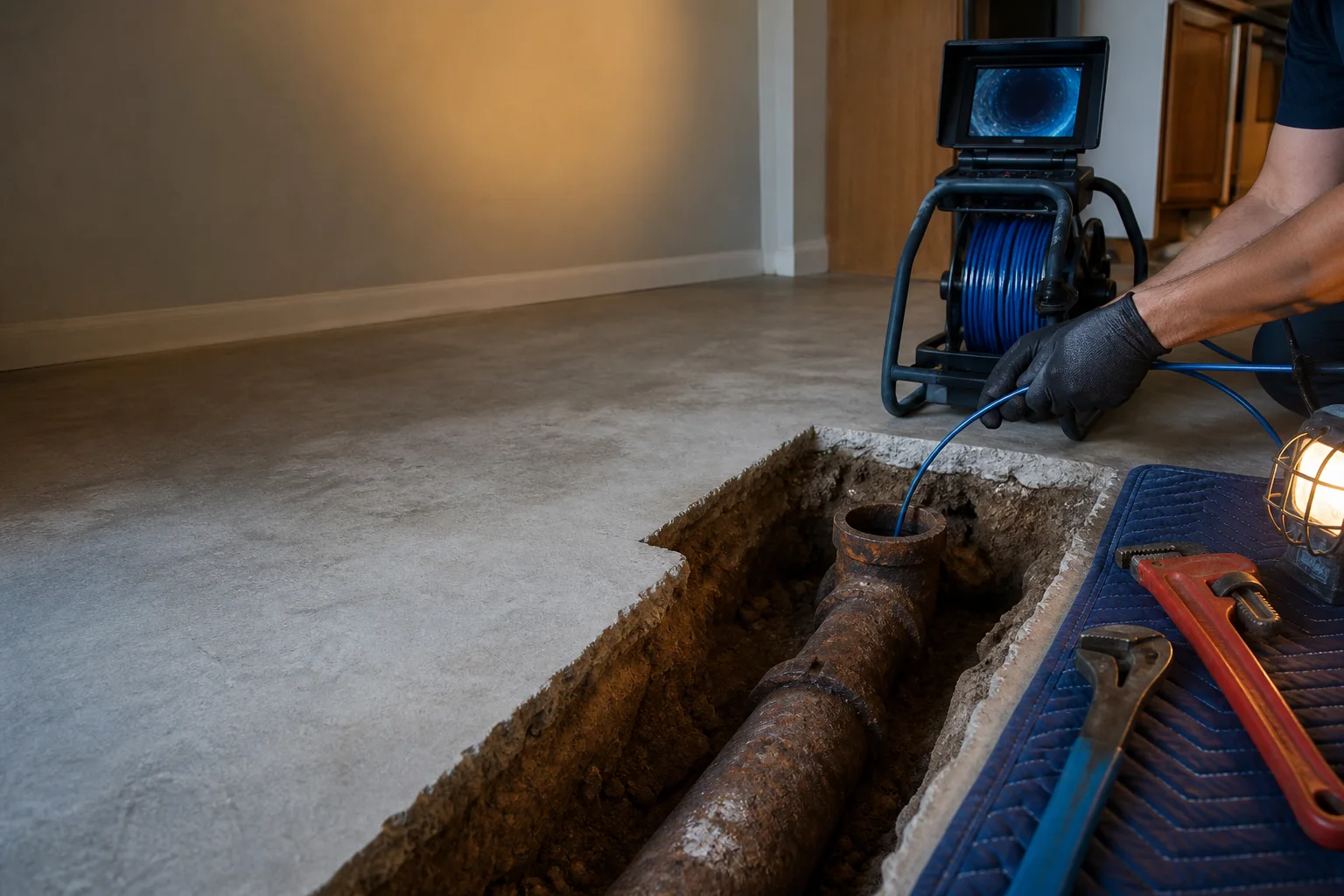 Concept image of a cast-iron drain line inspection beneath a concrete slab